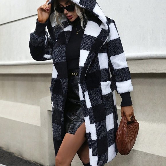 Black & White Casual Preppy Womens Buffalo Plaid Pattern Hooded Teddy Coat - Picture 6 of 6
